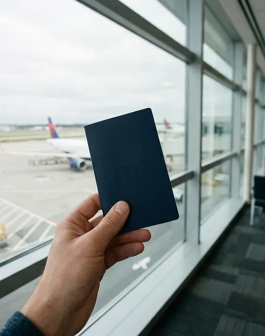 A hand holds a passport near an airport window