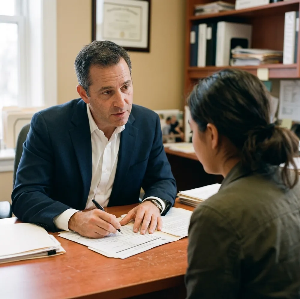 An attorney writes on a document while explaining it to a client