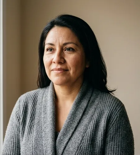 Marisol, a client, in a grey cardigan