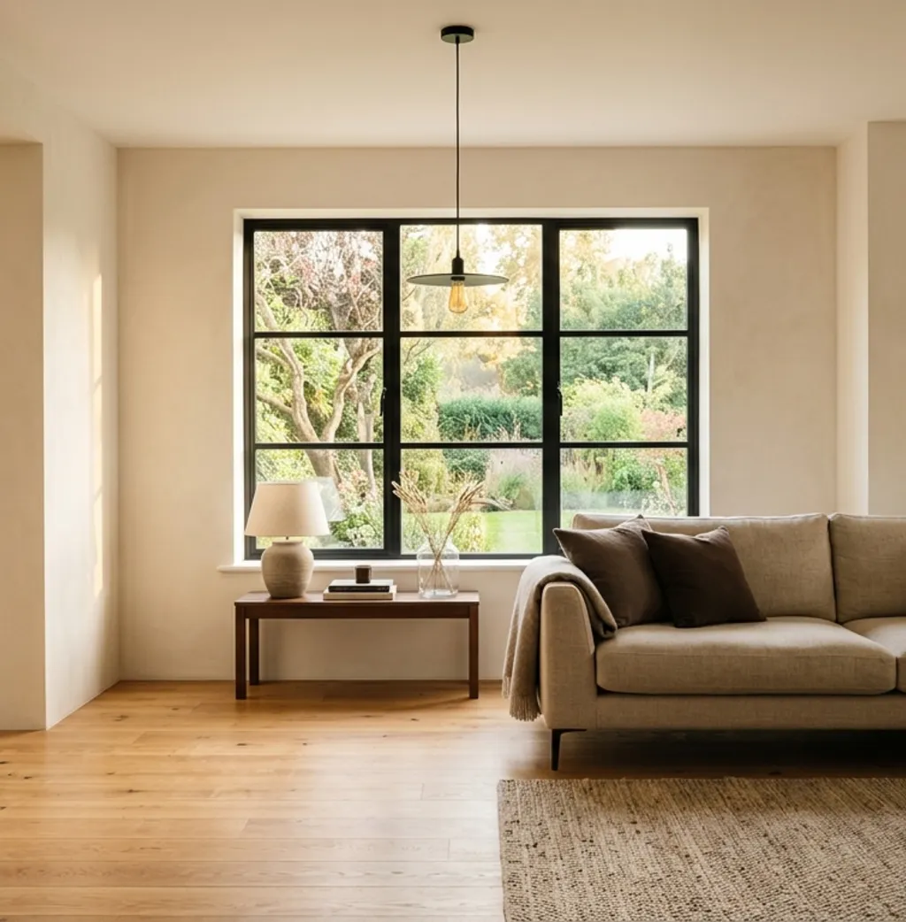 The same room after renovation, with an oak floor and plaster walls
