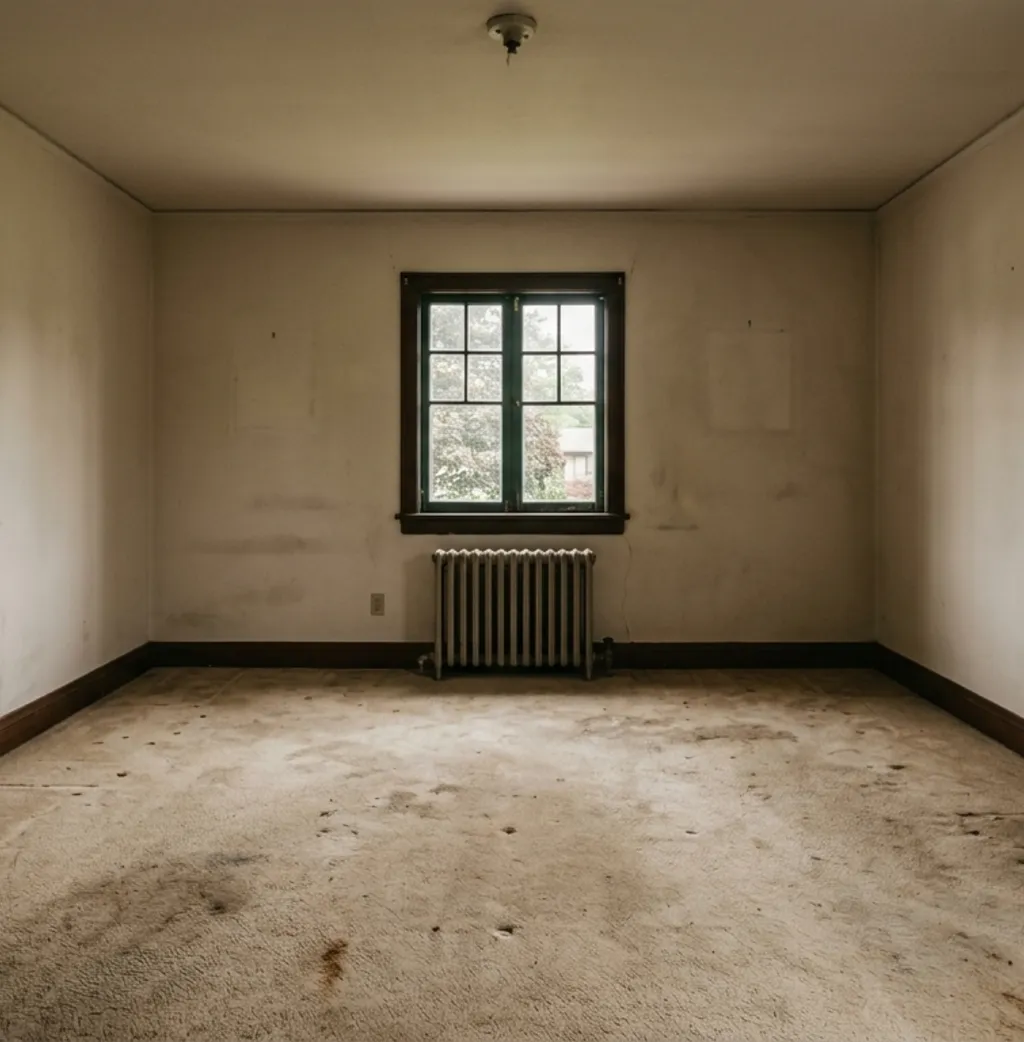 The room before renovation, with worn carpet and bare walls