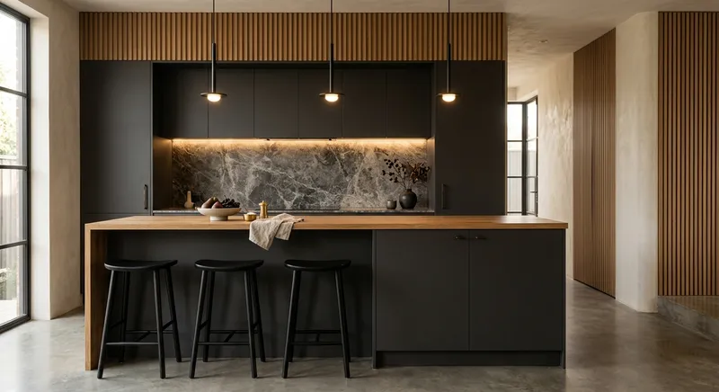 Charcoal kitchen with slim pendants