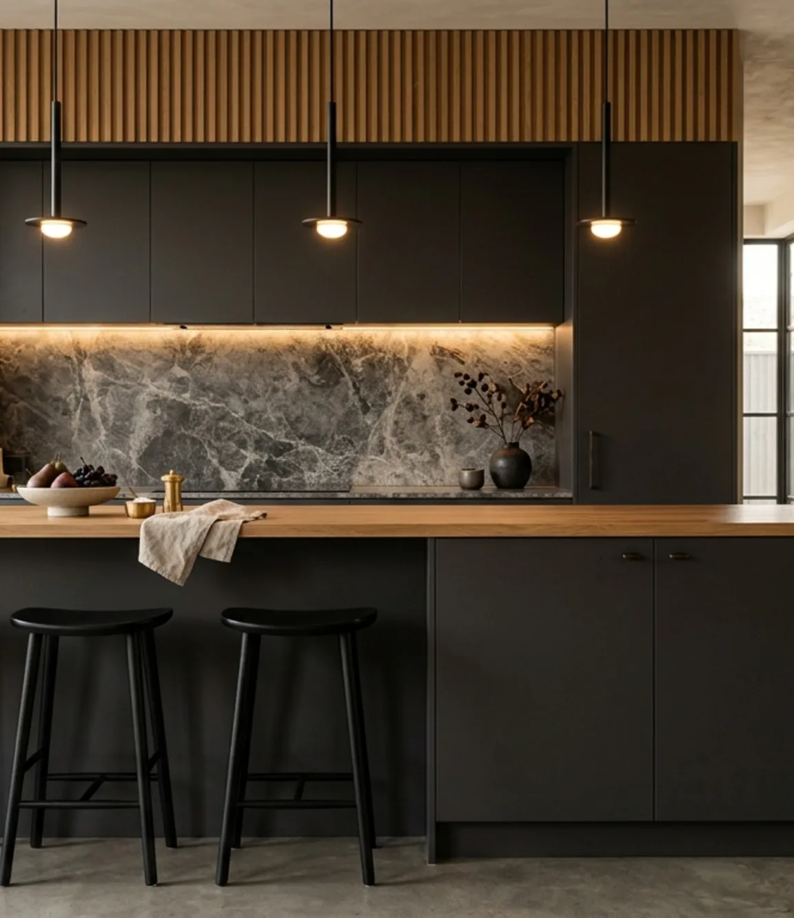 Charcoal kitchen with slim pendant lights and three stools at an oak counter