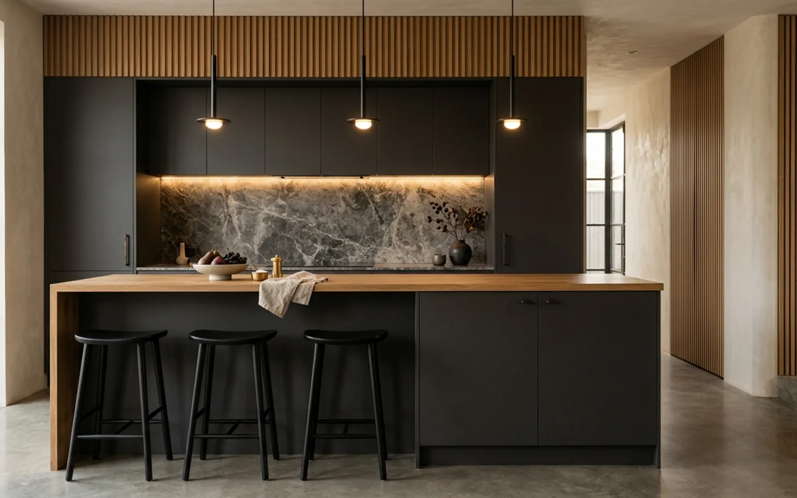 Charcoal kitchen with slim pendant lights over an oak counter