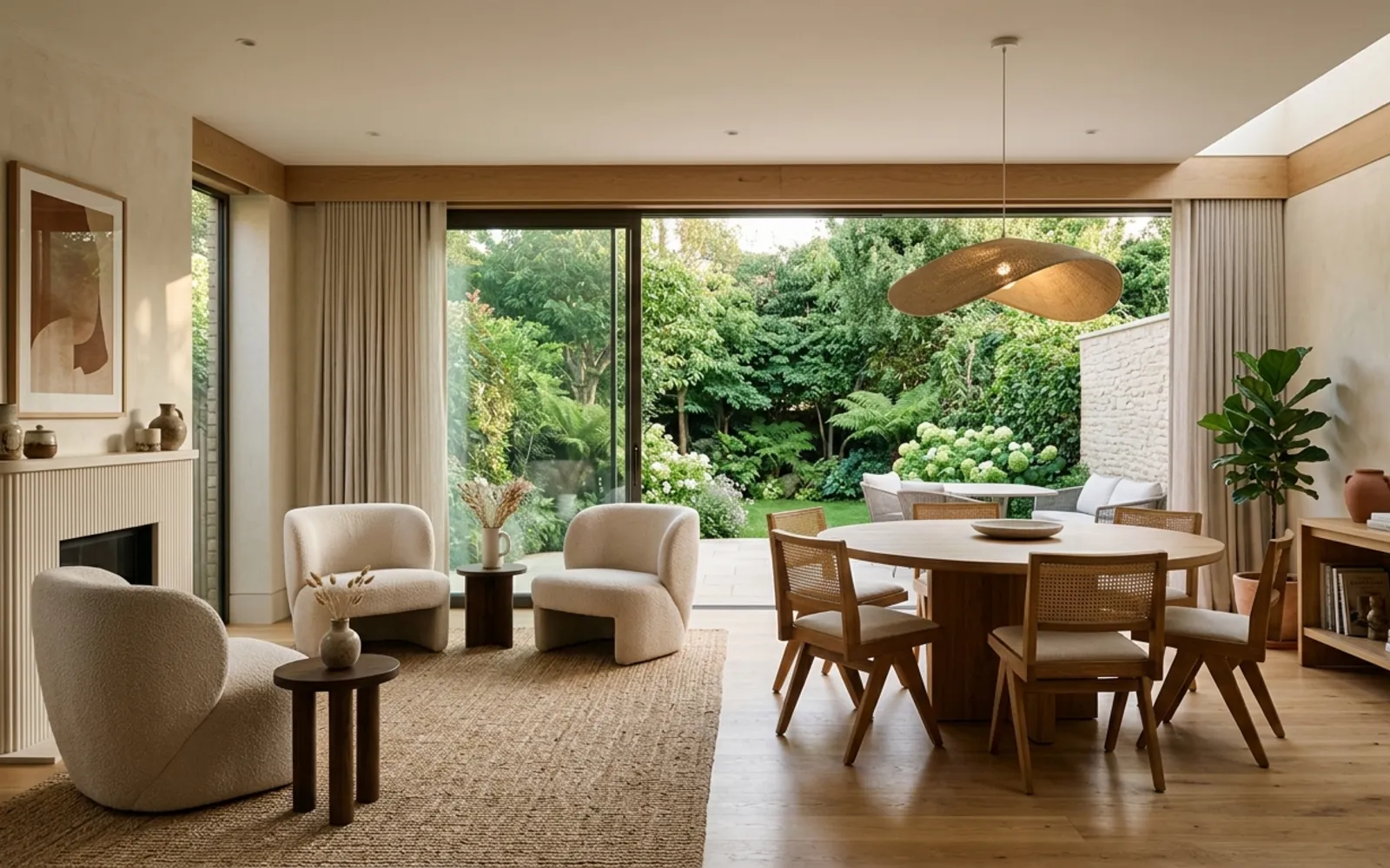 Living and dining room opening onto a planted courtyard