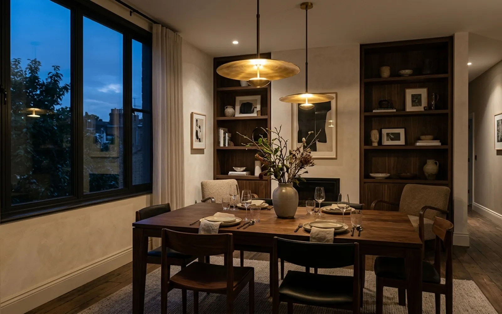 Walnut dining room lit by brass pendants at dusk
