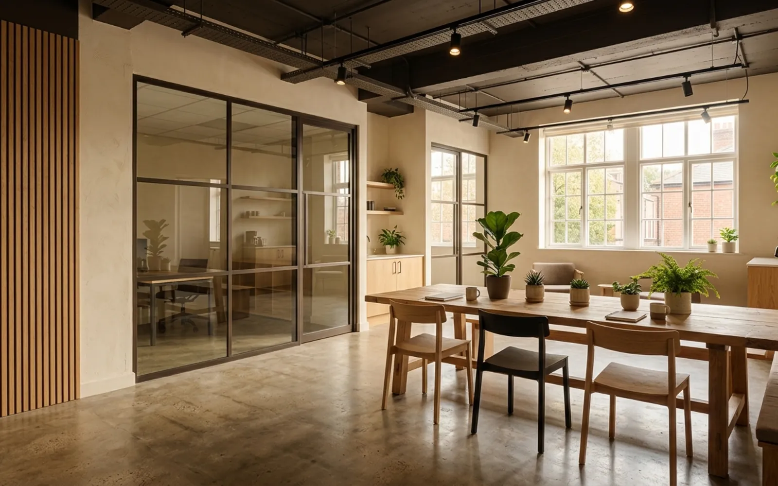 Studio fit out with oak slat walls and glass partitions