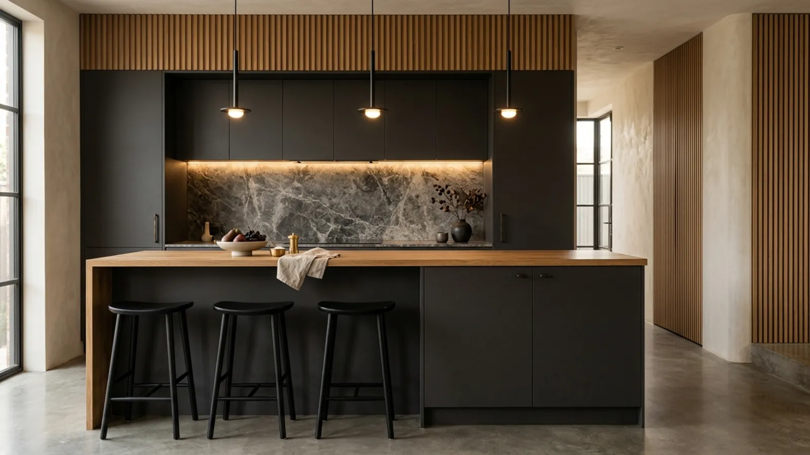Charcoal kitchen with slim pendant lights over an oak counter