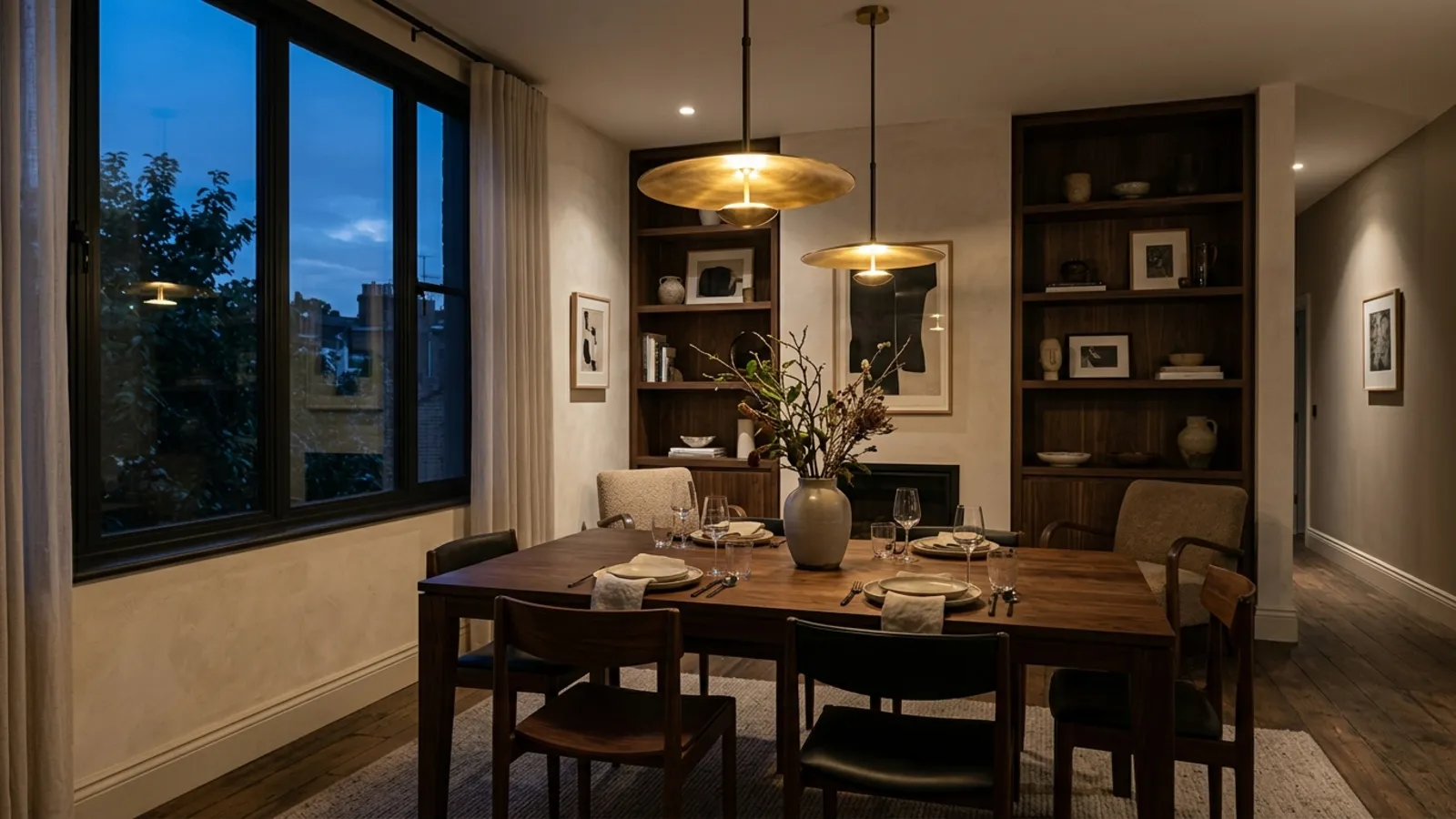 Dining room of the finished ground floor at dusk