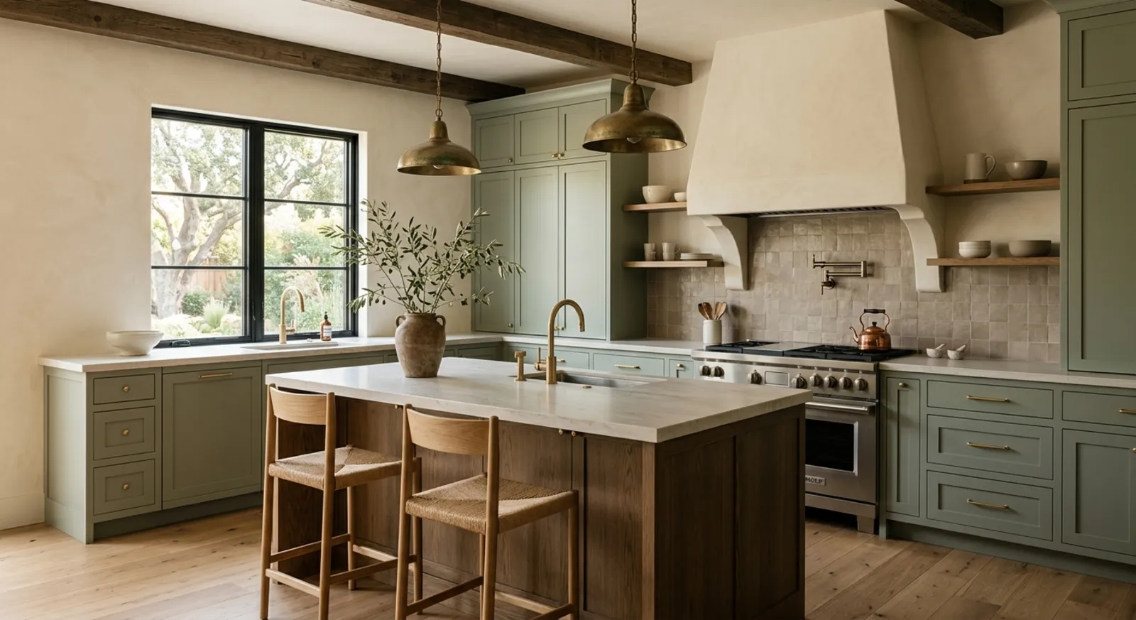 Renovated kitchen with sage cabinetry, brass pendants and a stone island