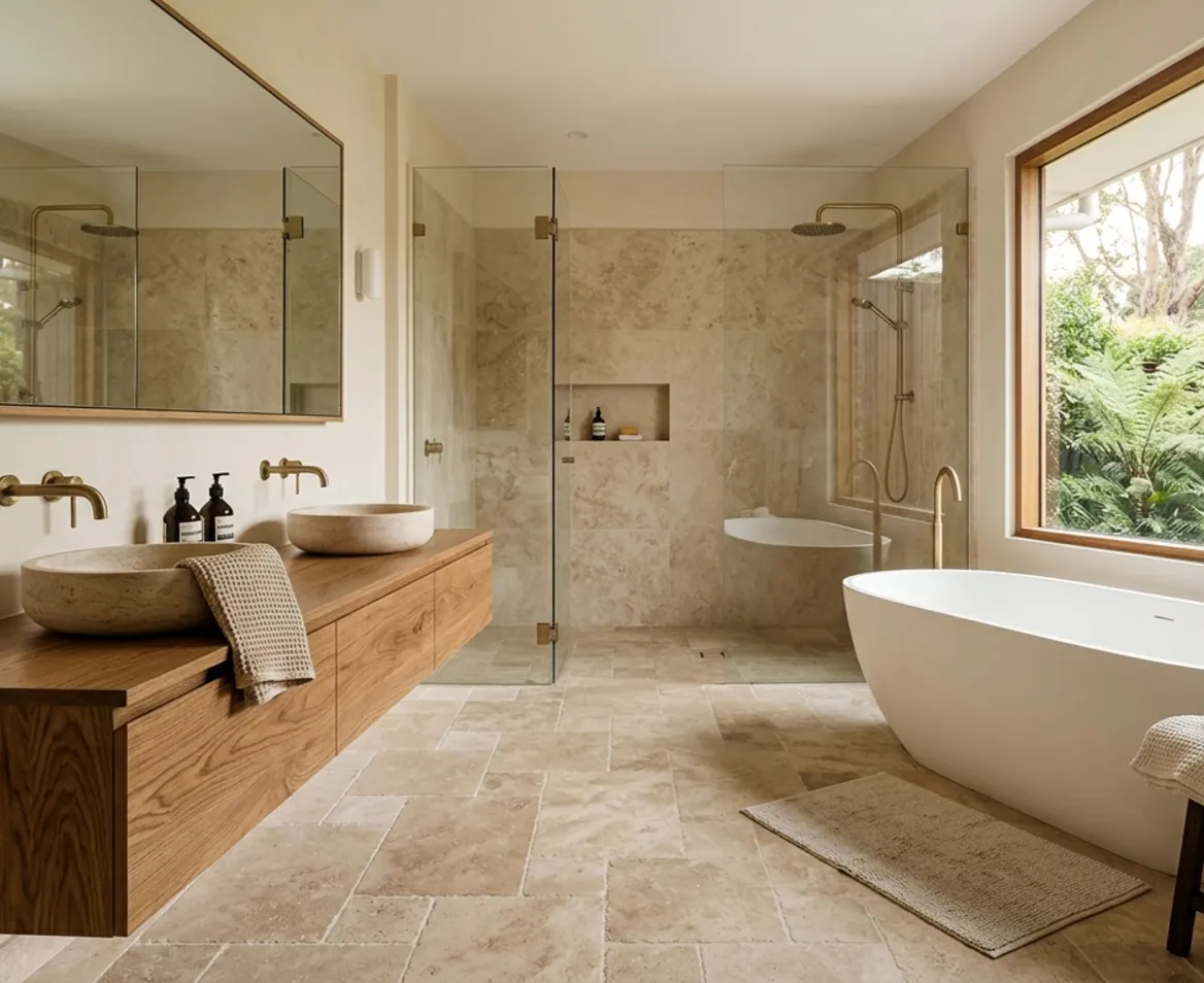 Renovated bathroom with an oak vanity, stone basins and a walk in shower