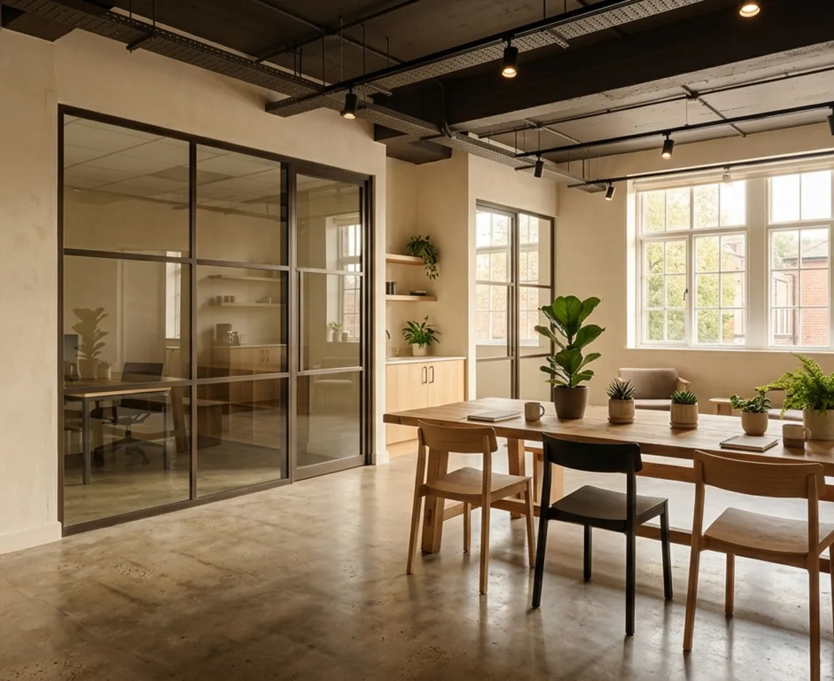 Small commercial studio with oak slat walls and glass partition offices