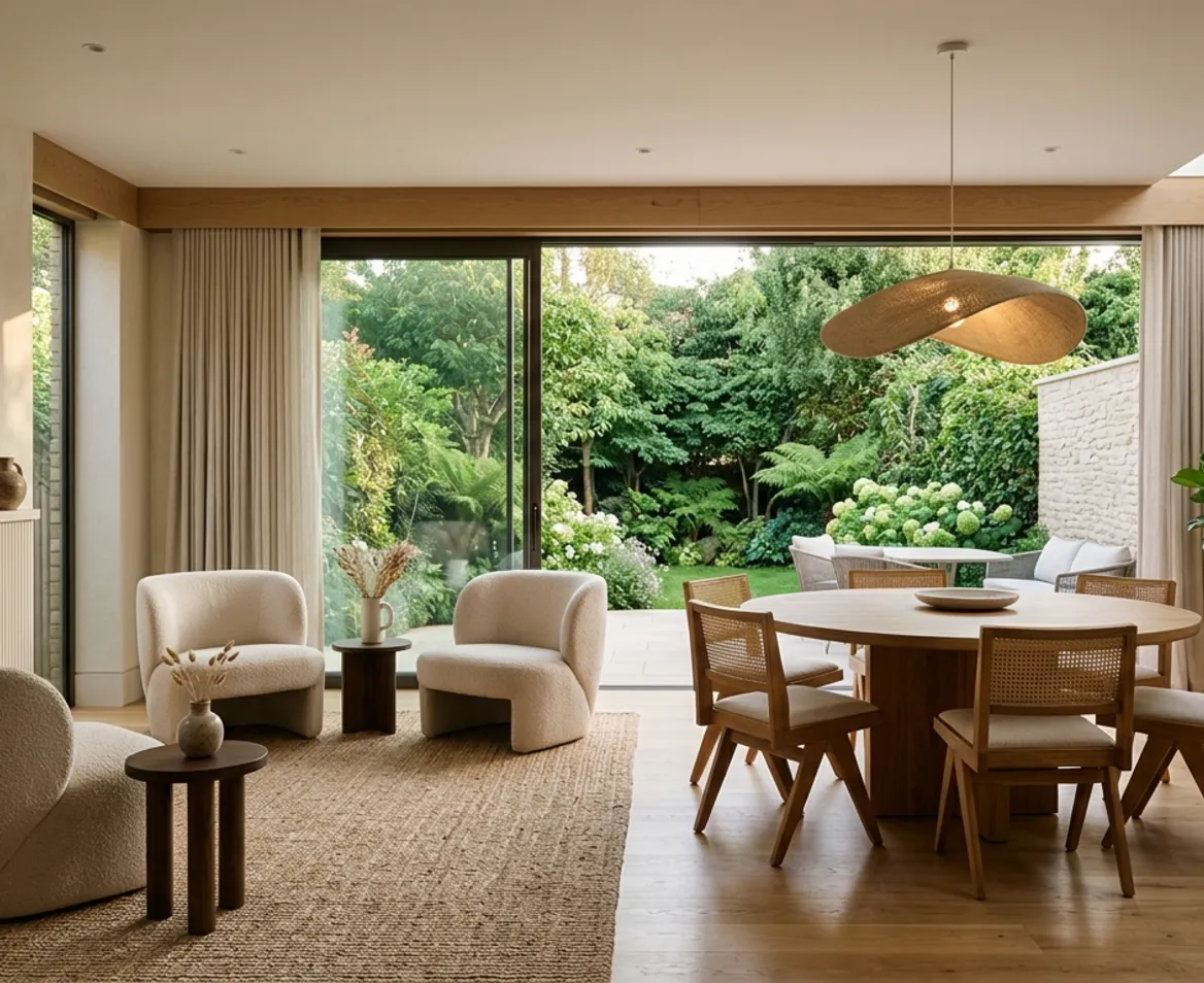 Open plan living and dining room finished in oak and cream plaster