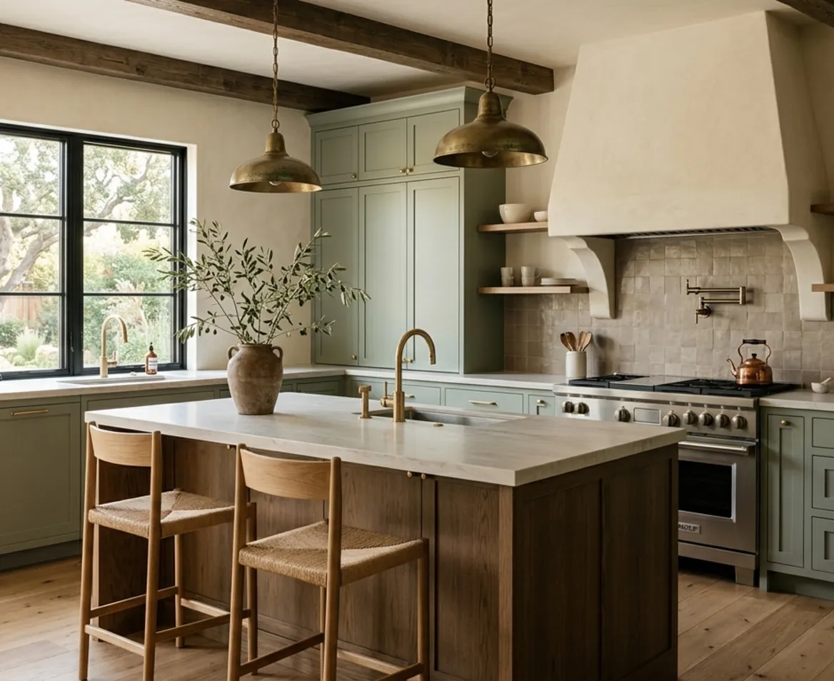 Renovated kitchen with sage cabinetry, brass pendants and a stone island
