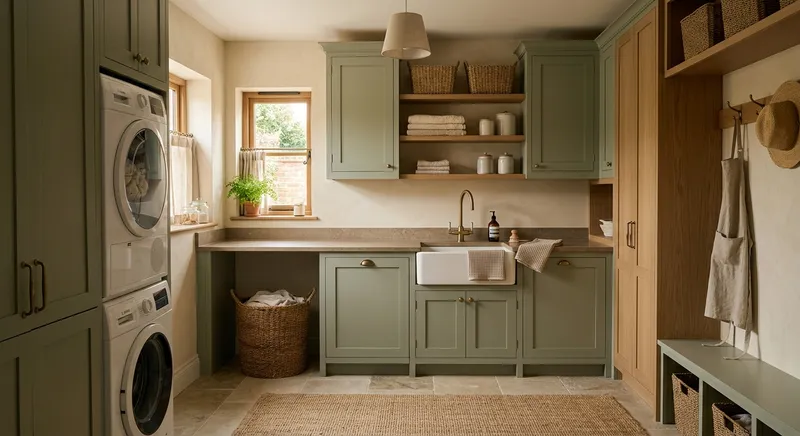 Utility room in sage cabinetry