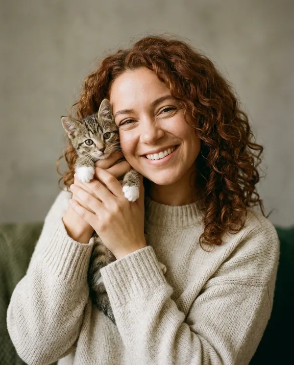 A woman with curly hair smiles while holding a tabby kitten