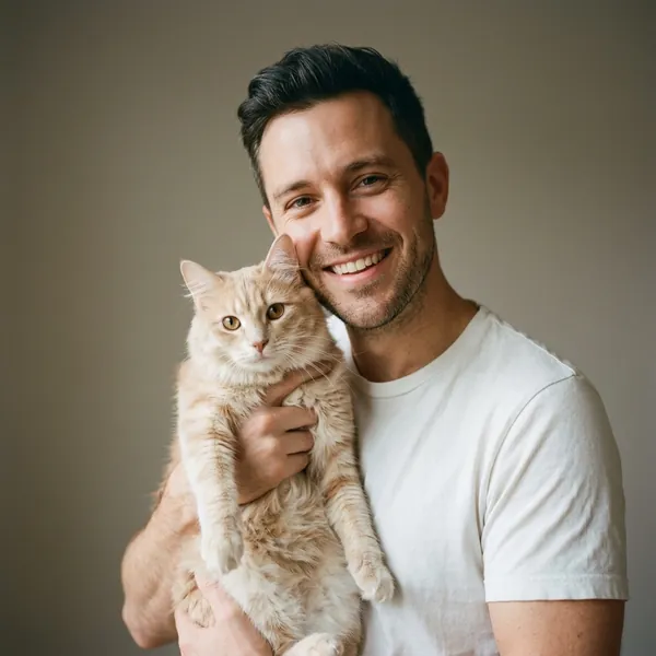 A smiling man holds his cream-colored cat close