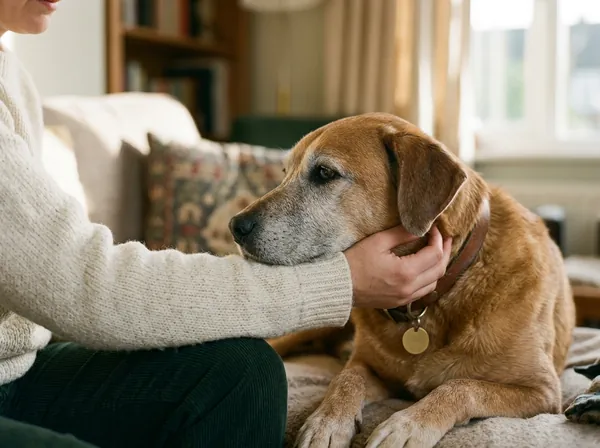 An older dog rests its chin on its owner’s arm at home