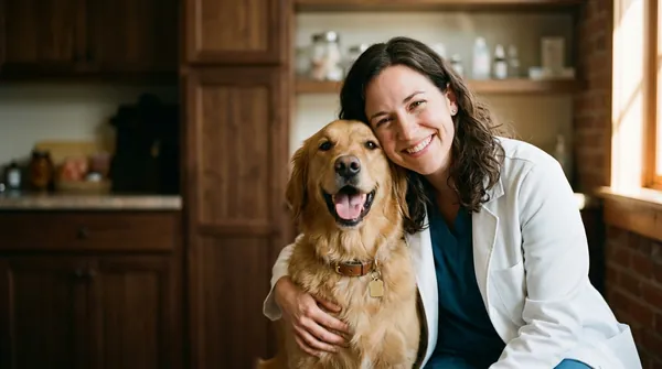 A smiling veterinarian hugs a happy golden retriever in a warm exam room