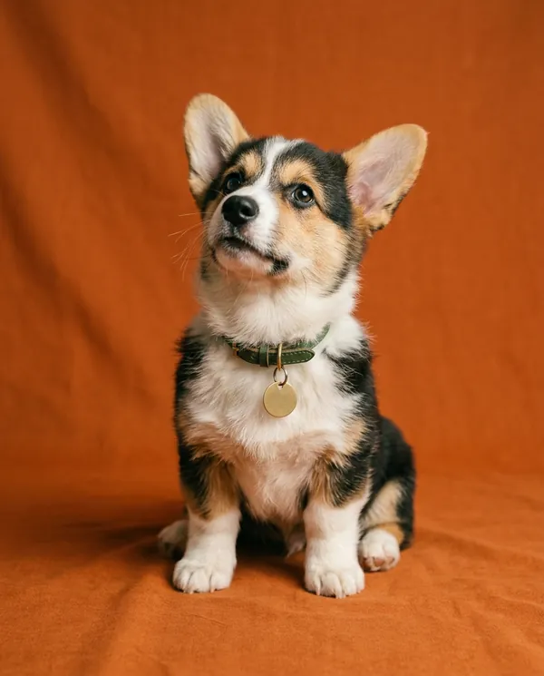 A tri-color corgi puppy sitting against an orange backdrop