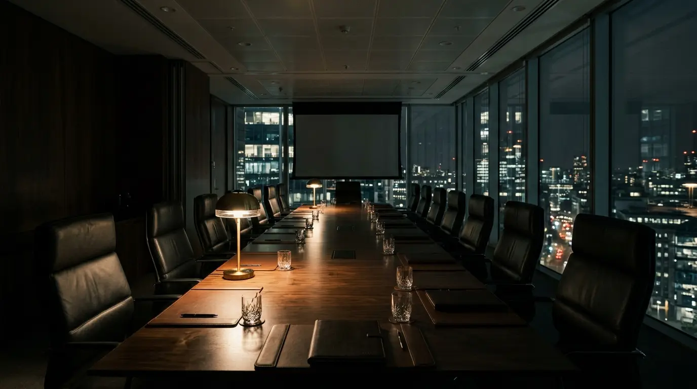 An empty boardroom at night with city lights through floor to ceiling glass