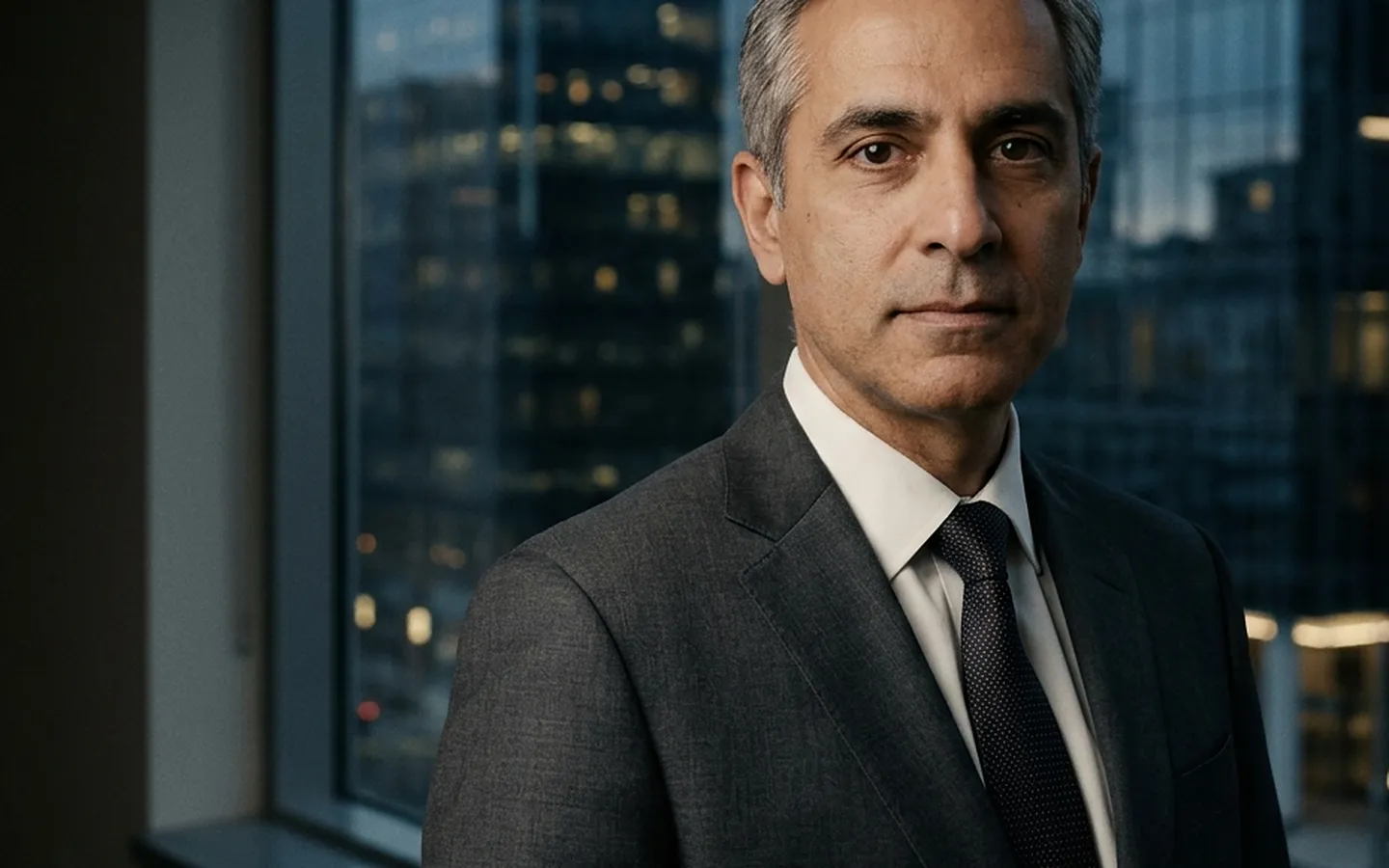 A lawyer in a charcoal suit at a window with the city behind him at dusk