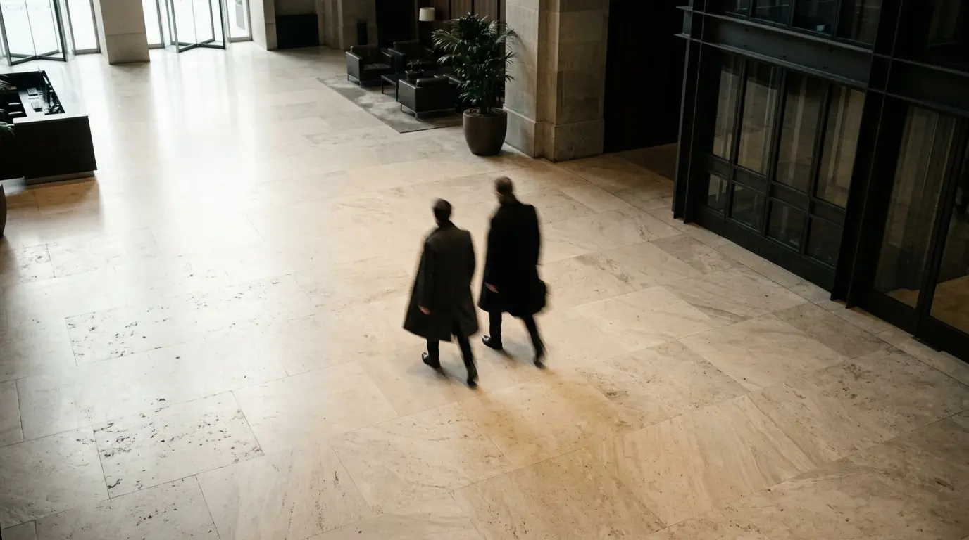 Overhead view of two people in dark coats crossing a pale stone lobby floor