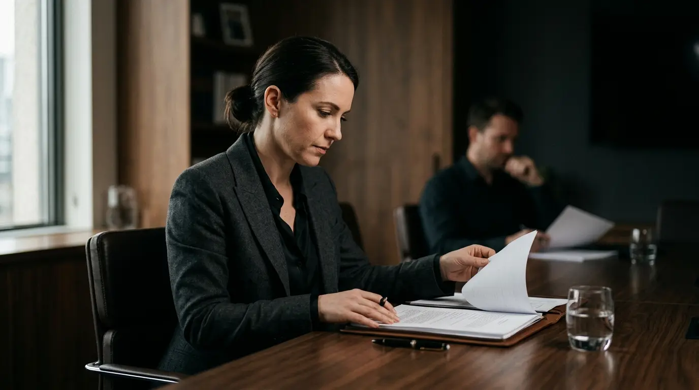 A lawyer at a boardroom table turning a page of a contract