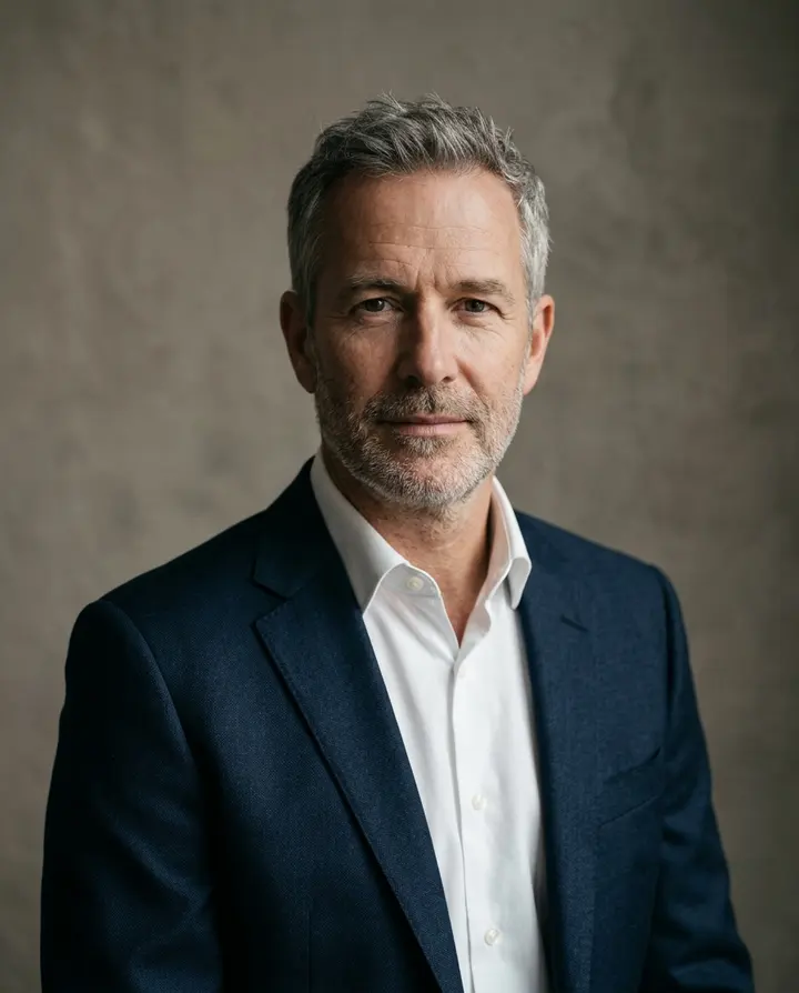 Studio portrait of a man in his fifties with grey hair in a navy suit