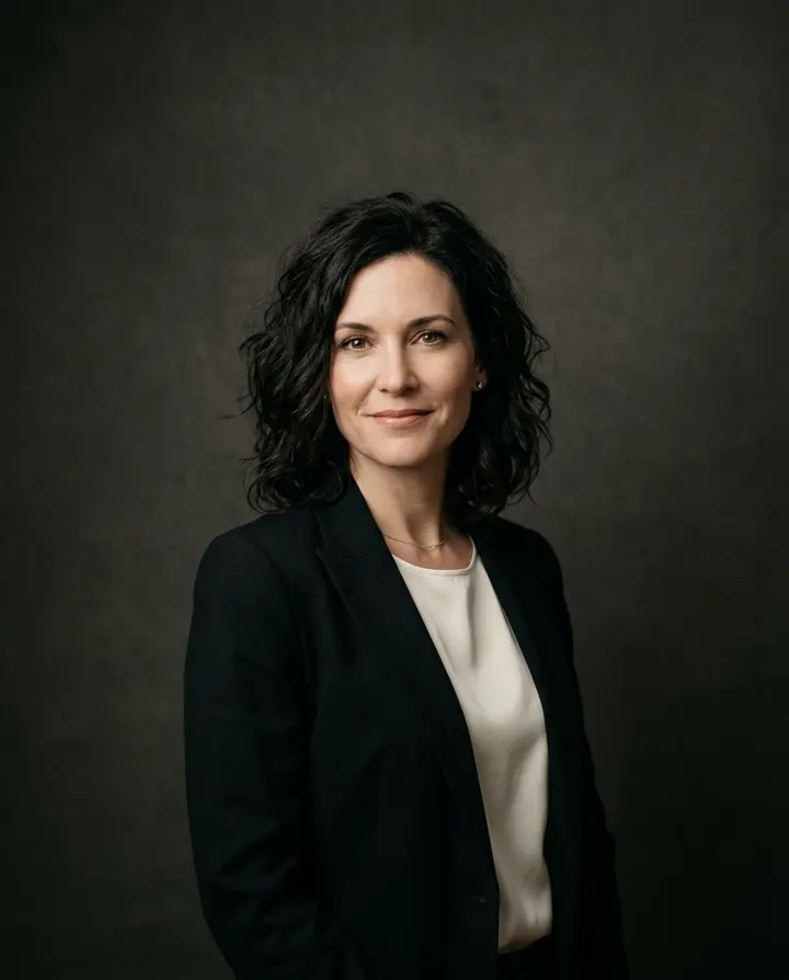 Studio portrait of a woman in her forties with dark wavy hair in a black blazer