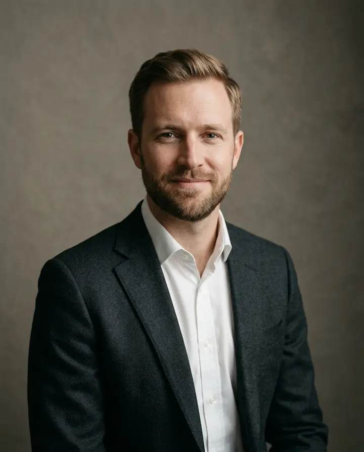 Studio portrait of a man in his thirties with light brown hair in a charcoal jacket