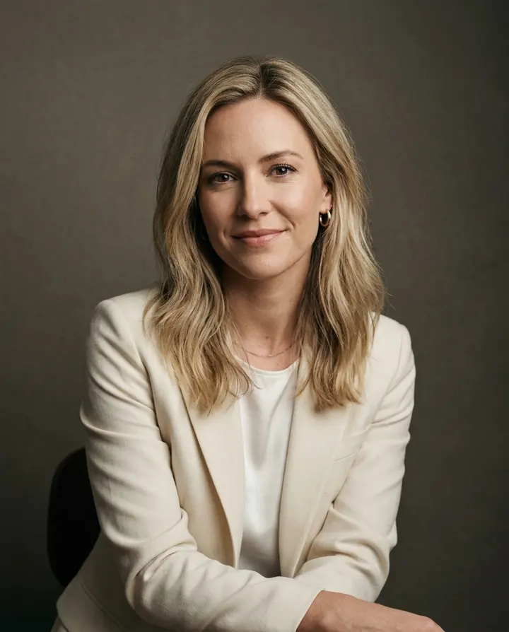 Studio portrait of a woman in her thirties with shoulder length blonde hair in an ivory blazer