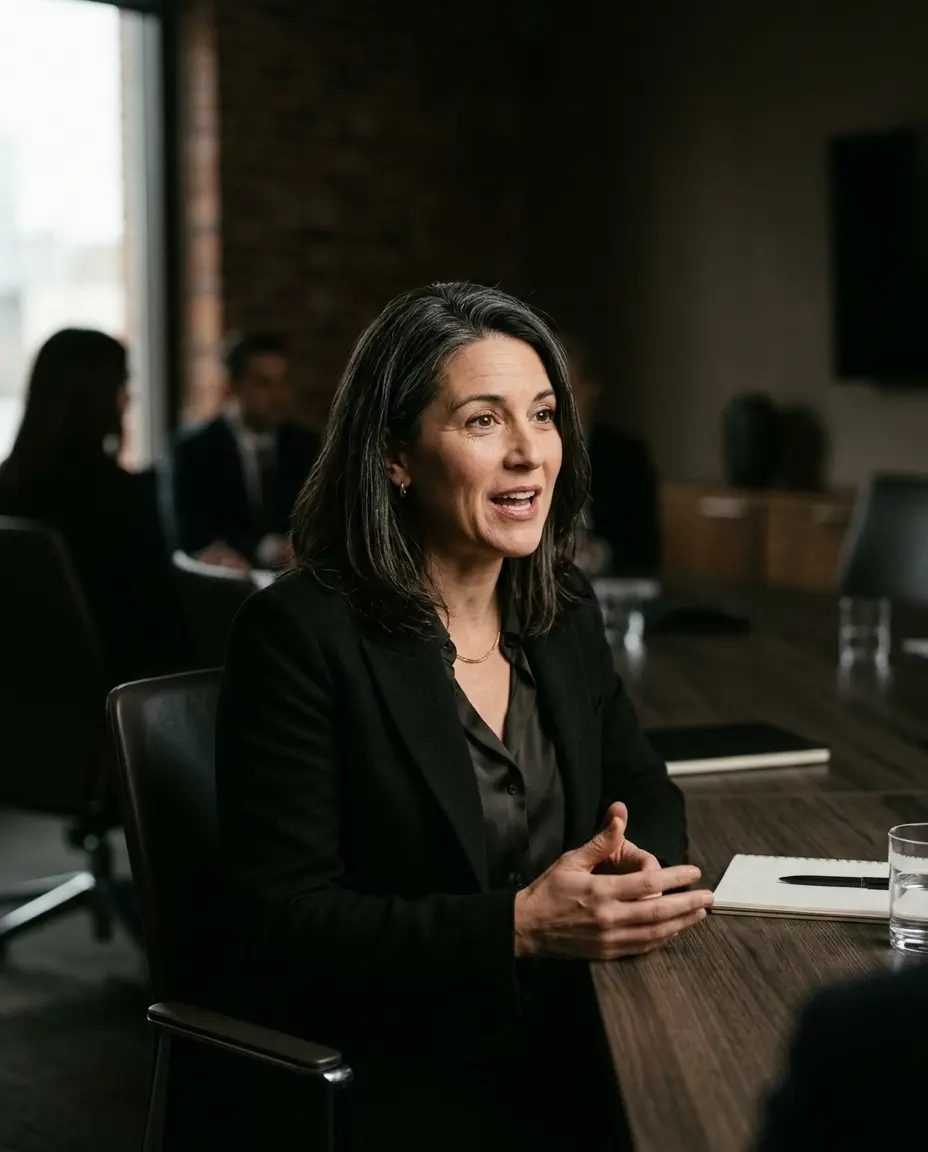 A chief executive in a black blazer speaking in a dimly lit conference room