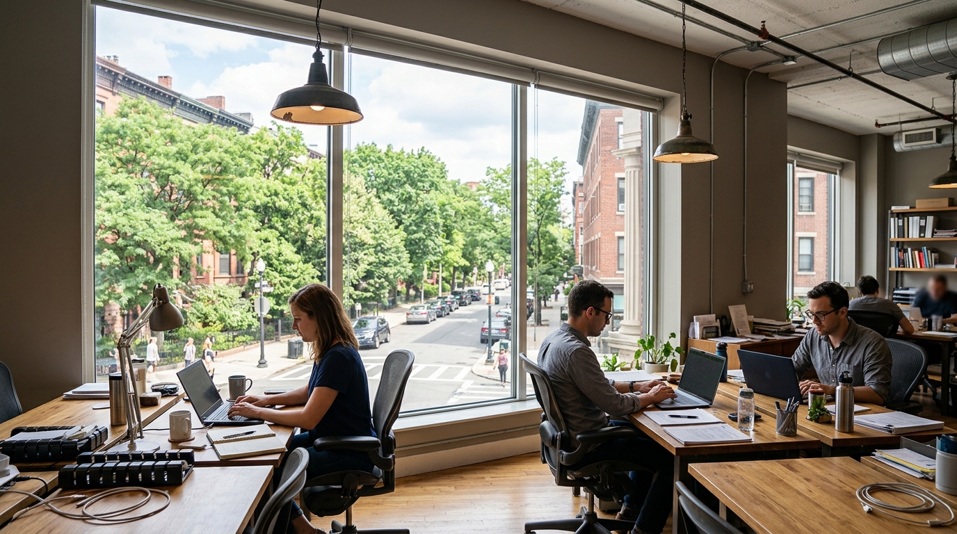 Two people working by a window