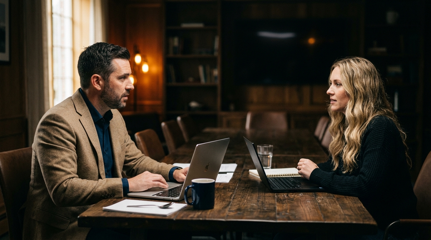 Two colleagues reviewing the week at a table