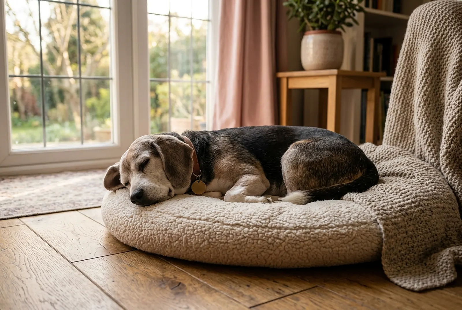 A grey-muzzled senior beagle asleep on a round dog bed by a sunny window at home
