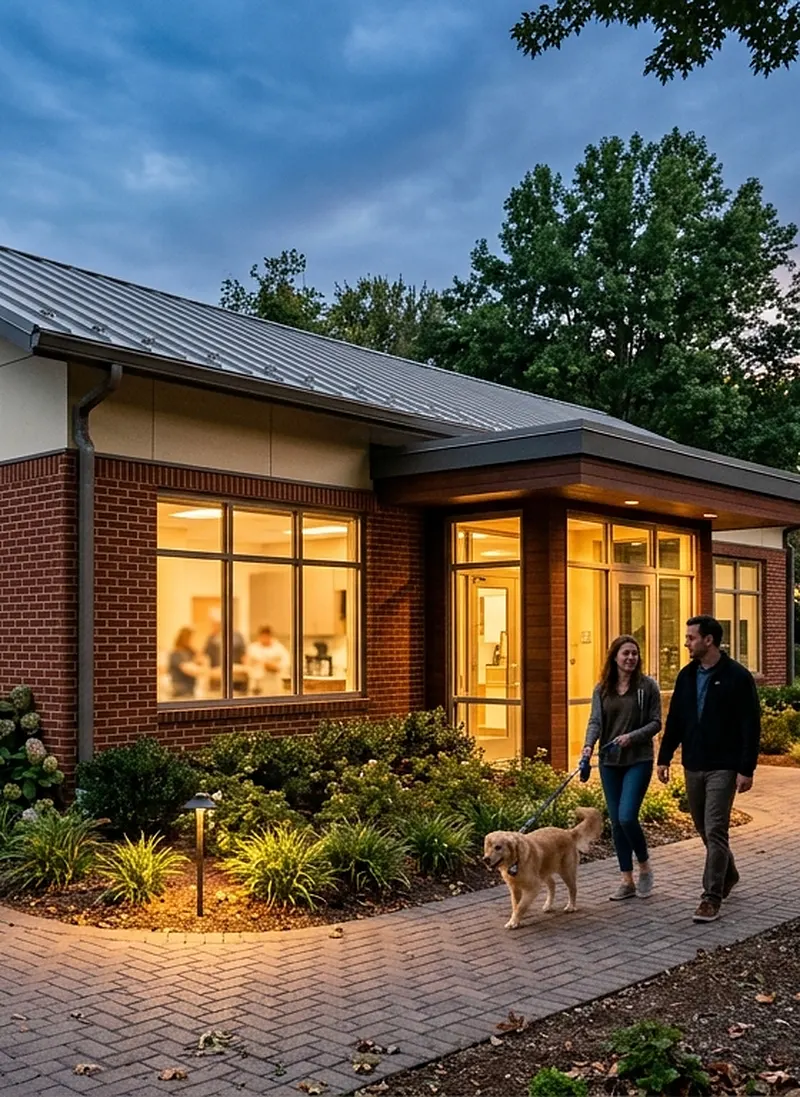 The Wrenfold clinic building at dusk with warm lit windows