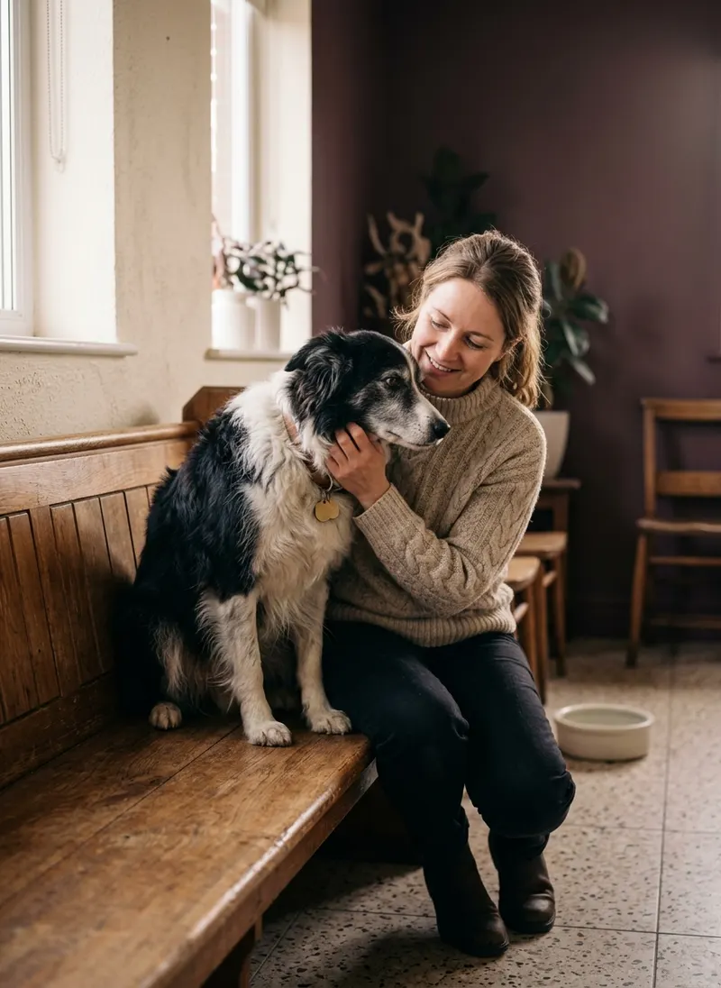 An owner sitting with her senior border collie on a waiting room bench