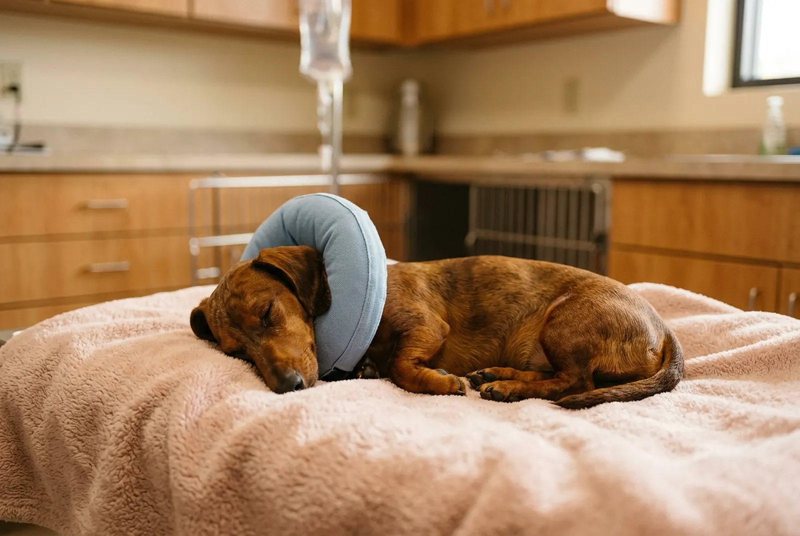 A small dachshund asleep on a soft blanket in the recovery area after a routine procedure