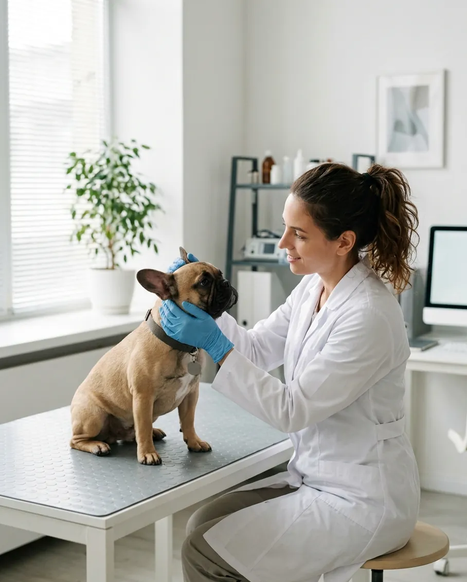 A veterinarian gently checking a French bulldog on a desk
