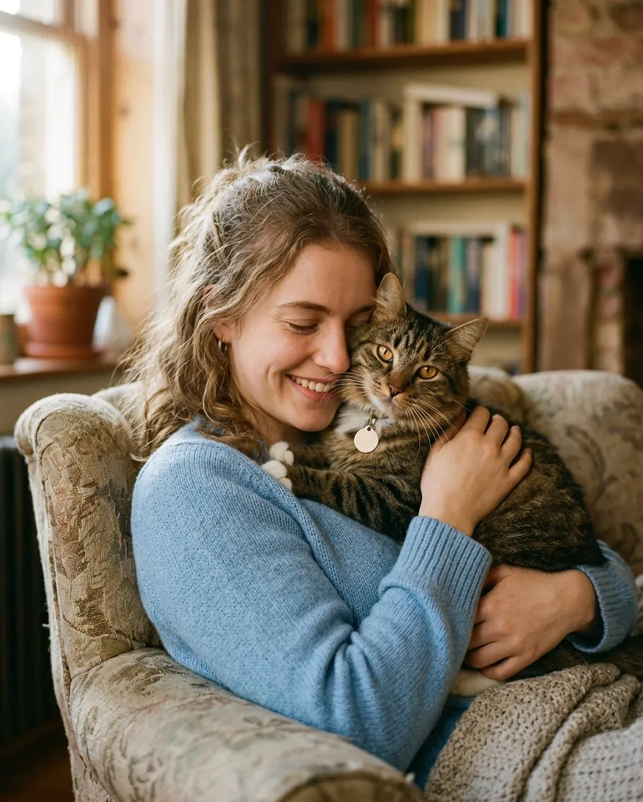 A young woman cuddling a brown tabby cat