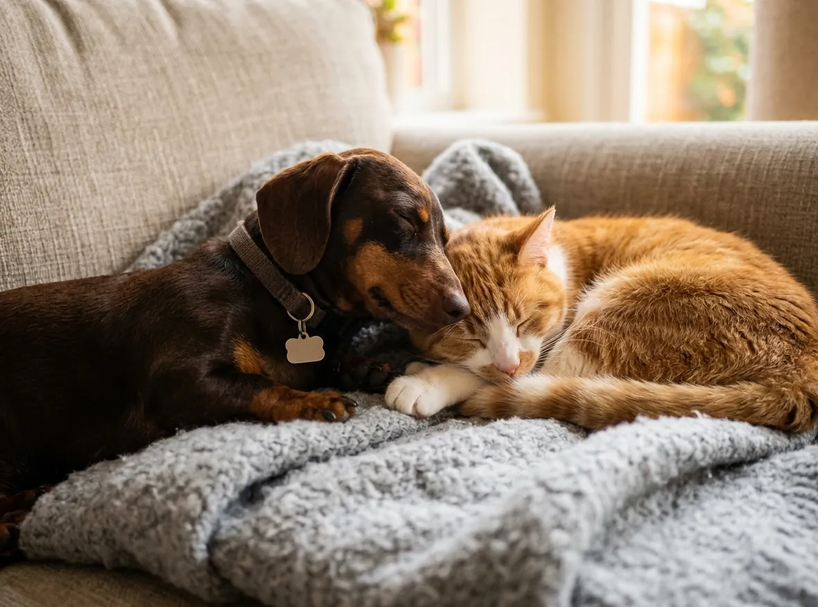 A dachshund and a ginger cat resting together on a grey blanket