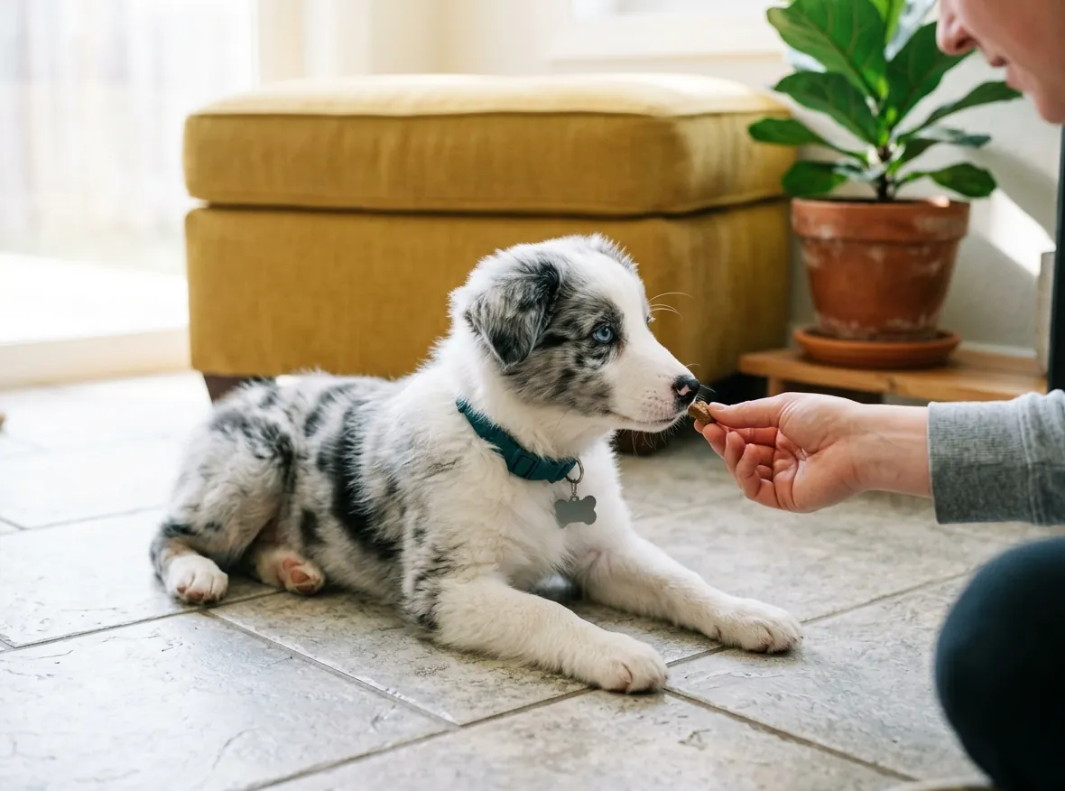 A merle puppy taking a treat from a hand on a tiled floor