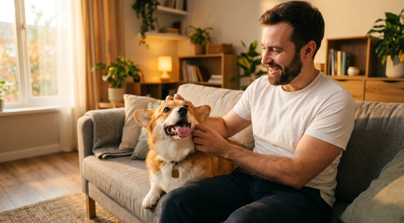 A smiling man petting a happy corgi on a sofa