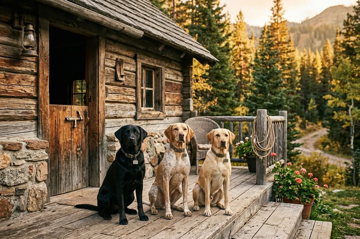Three dogs on a porch