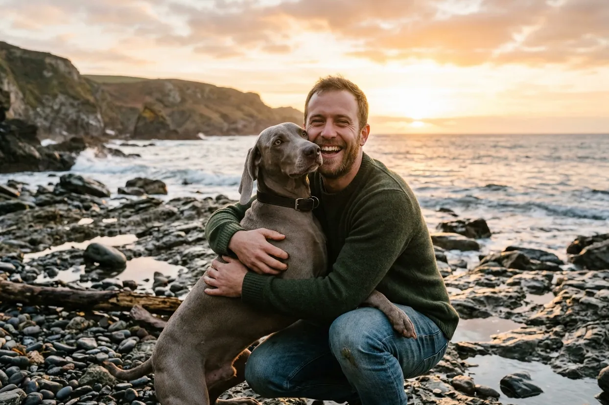 A man hugging his weimaraner
