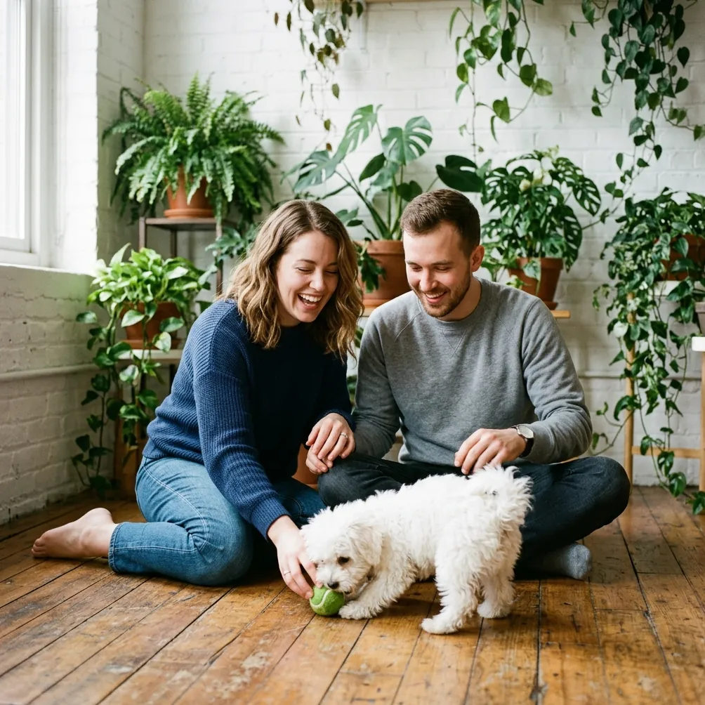 A young couple playing with a small white dog on a wooden floor