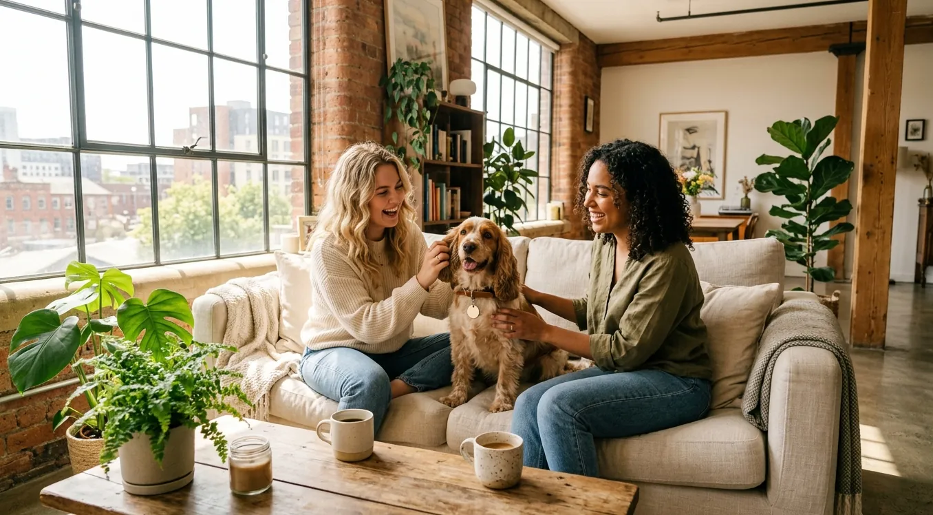 Two friends petting a spaniel between them on a sofa