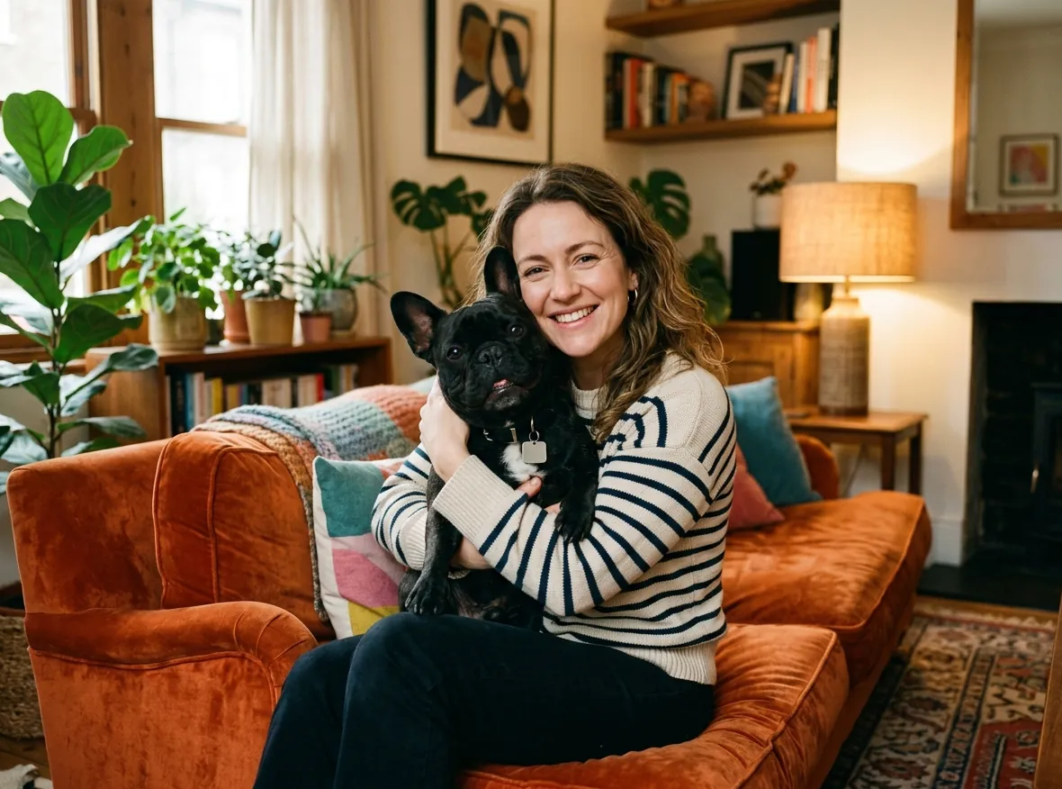 A woman hugging her black French bulldog on an orange sofa