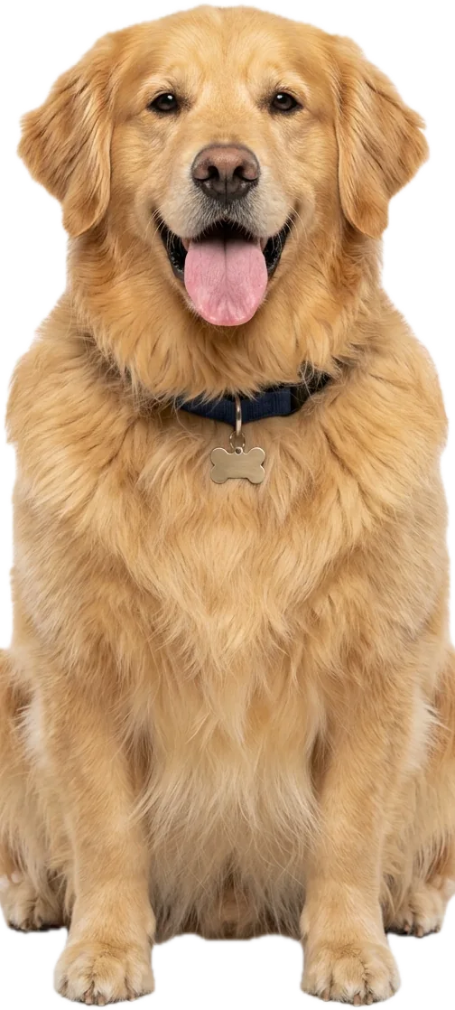 A happy golden retriever sitting and looking at the camera